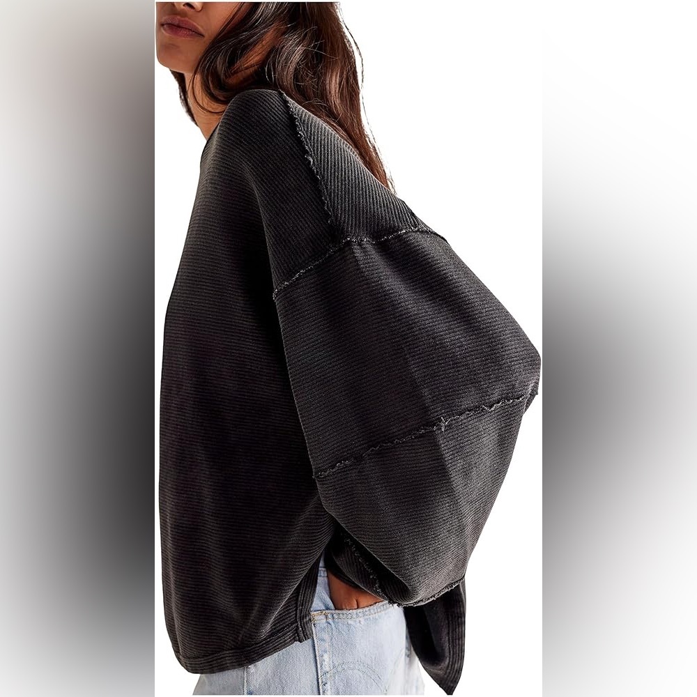 Free People Oversized Waffle-Knit Long Sleeve Tee in Charcoal - Picture 3 of 7